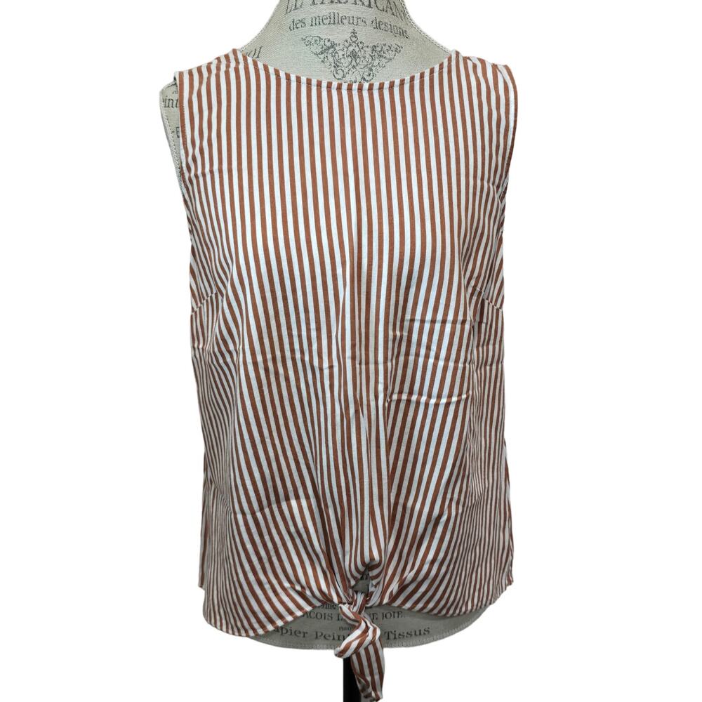 Liz Claiborne Brown & White Striped Front Tie Sleeveless Shirt Linen Tank Top